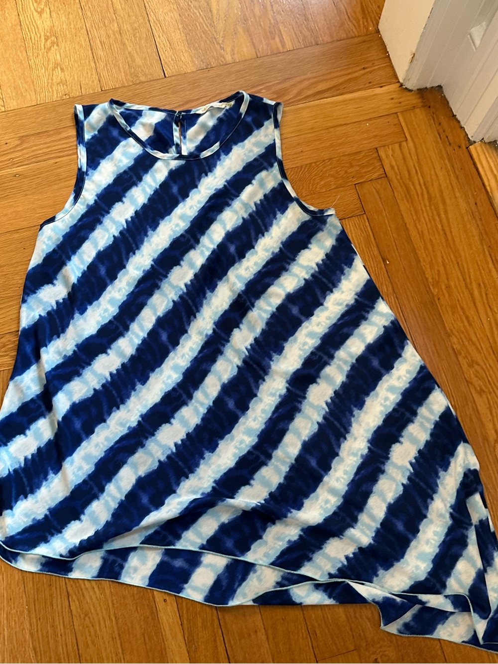 Sleeveless Blue Tie-Dye Swing Tank Top tunic asymmetrical coastal boho grandma